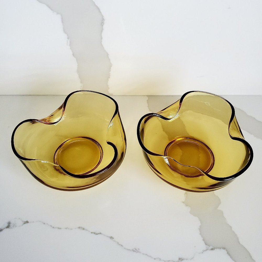 MCM Amber Glass Bowls Ruffled Rims Small Elegant Casual Vintage Art Deco Chic
